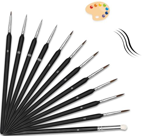 SINAYREK Set di Pennelli Fini, 12 Pezzi con 11 Pennelli di Precisione e 1 Pennello a Secco in Lana, per Pittura con Numeri, Acrilico, Acquerello, Miniature, Modellismo, Nail Art, Fai da Te e Pittura