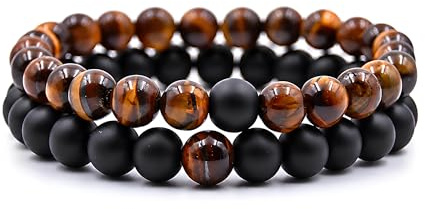 DAC Bracciale Uomo 2 pezzi Con Pietre Naturali Braccialetto Scatola Regalo Fidanzato Donna Chakra con Vere Pietre Naturali Tibetano Yoga Gioielli (EYE + NERO)
