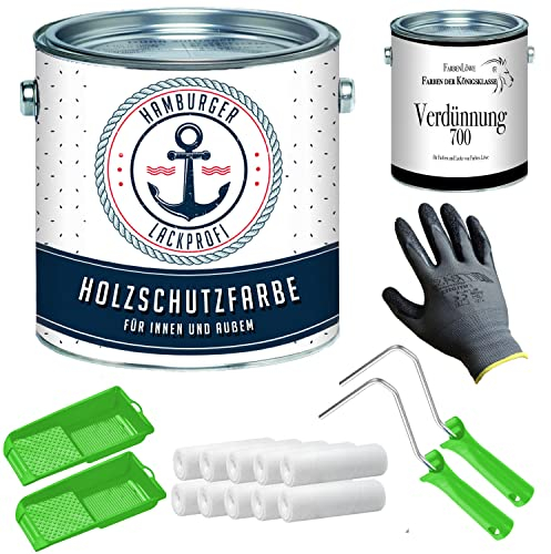 PU Holzschutzfarbe SEIDENMATT farblos Klarlack Wetterschutzfarbe Holzfarbe Holzlack - PU verstärkt & UV-beständig + Lackier-SET (X300) & Verdünnung (1 L) // Hamburger Lack-Profi (2,5 L)