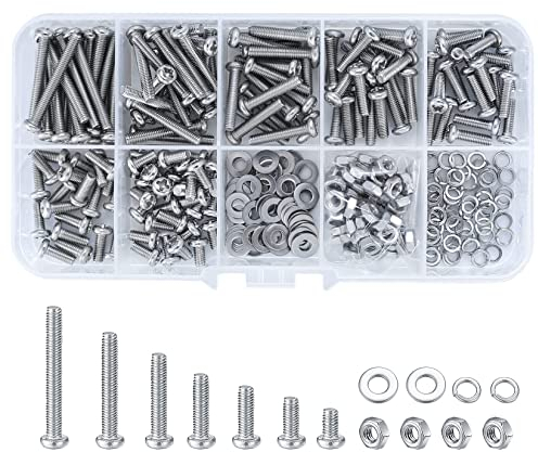 Aoyfuwell 300 Pcs M3 Bolts and Nuts Set,Stainless steel Cross Pan Head Machine Screws and Hex Bolts and Nuts Sets,With flat and locking washer
