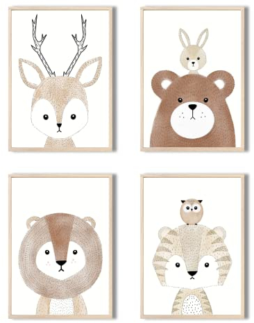 MeinBaby123® Bilder Kinderzimmer | 4er Set DIN A4 Poster Set | Wandbilder | Kinderzimmer Poster | Deko Bilder Mädchen und Jungen | Babyzimmer Deko (vier Freunde)