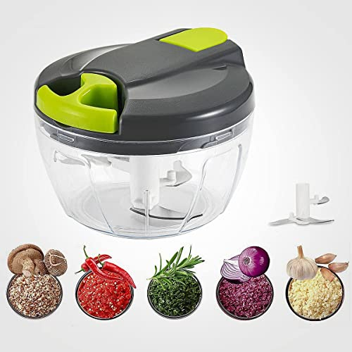FiveShops Tritatutto Manuale Tritatutto Multiuso con 3 Lame in Acciaio Inox Cordino da 520 ml per Tagliare Verdure, Frutta, cipolle, Aglio, Noci, pomodori, omogeneizzati Carne (Grigio)