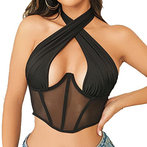 BKEPDY Women Crisscross Tank Tops Sleeveless Halter Neck Crop Top Elegant Sexy Front Wrap Backless Blouse Tshirts Casual Vest Top Y2K Bustier Corset