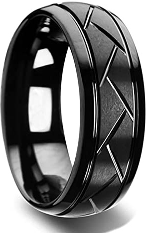 Zense - Shiny Black Ring for Men with Grooves ZR0177