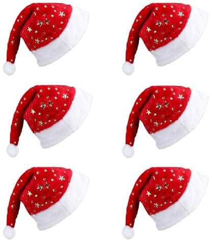 JOFONY Lot de 6 Bonnets de Noël pour Adulte avec Motif Pentagramme, Bord en Peluche, Chapeau de Père Noël, Costume pour Fête, Décoration