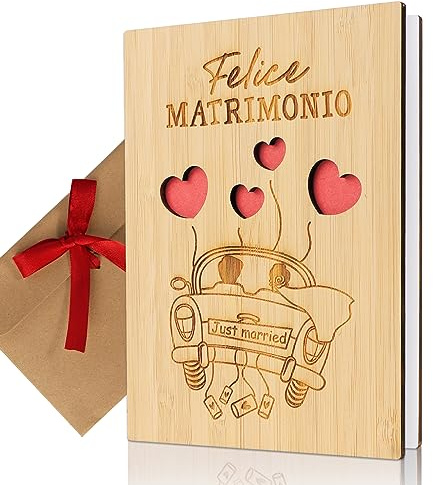 COLOFALLA Biglietti Auguri Matrimonio con Busta, Legno, Scritte Italiane, Felice Matrimonio Decorazioni Nuziali Regalo Sposi Novelli, Luna di Miele (A)