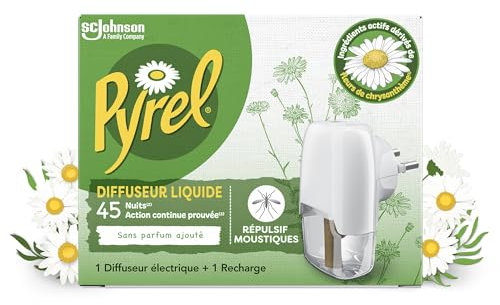Pyrel Diffuseur Electrique Liquide - Répulsif Moustiques 45 Nuits - Sans Parfum - 1 Diffuseur + 1 Recharge