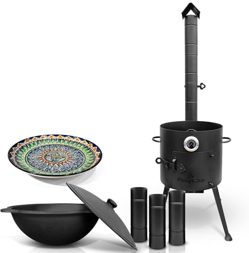 Horno de fuego de 36 cm de diámetro con termómetro y extensión de chimenea, olla de hierro fundido, base redonda con tapa, diámetro de 36,7 cm (10 L), Lagan Ø 32 cm KazanoFF, Учаг, kazan, cañón