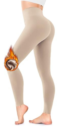 FuelMeFoot Thermo Leggings Damen Gefüttert Fleece High Waist Thermounterwäsche Warm Lang Strümpfhose Blickdicht Winter.08-Beige S/M