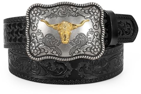 WERFORU Herren Western Kunstleder Gürtel mit Abnehmbarer Schnalle Cowboy Kunstleder Gürtel für Jeans Hosen Schwarz