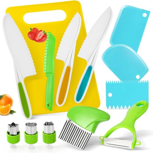 TOVIKI Kindermesser 13-teiliges Kinder-Küchenmesser Set mit Schneidebrett, Wellenschneider, Schäler, Obstmesser-Geschenke für Kinder von 3-10 Jahren, Geburtstage, Weihnachten