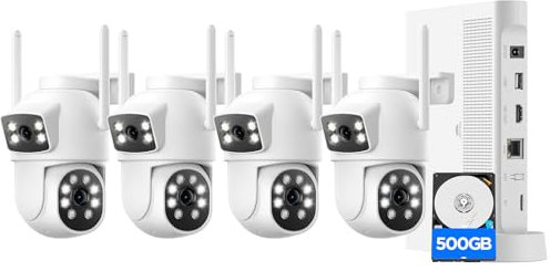 CAMCAMP PTZ Kit Caméra Surveillance WiFi Extérieure,2.5K Kit Vidéo Surveillance WiFi,Double Objectif &Double Vue,4 Cam-Kit,10XZoom,Vision Couleur,2-Voies Audio,Suivi Auto,Enregistrement 24/7