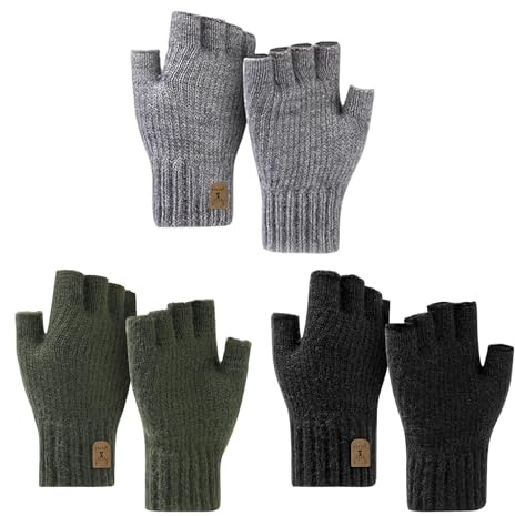 Colaren 3 Pairs Fingerless Gloves for Men and Women, Knited Winter Thermal Fingerless Gloves Men for Outdoor Driving Working Running Cycling