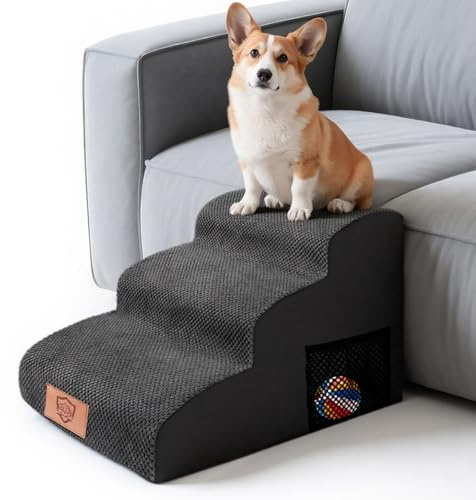 MASTERTOP Scale per Cani 3 Gradini, Scalini Antiscivolo per Gatti e Cani per Divano e Letto, Scaletta Schiuma Alta Densità, Copertura Impermeabile Lavabile (Nero)
