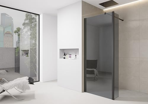 700 mm Black Glass Shower Screen Smoked Dark Grey Tinted Walk in Shower Enclosure 6mm Tempered Safety Wetroom Panel (700 mm Screen with 300 mm Return)