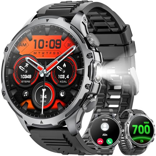 Military Smart Watch for Men (Answer/Make Call), 1,85 HD Touch Screen 700mAh Large Battery Fitness Watch with Flashlight/Heart Rate/Sleep Monitor Fitness Tracker for iPhone & Android Black