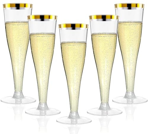 Torchero 20 Pack Champagne Flutes Plastic Wine Glasses Disposable, 4.5 Oz Gold Rim Mimosa Glasses for 2026 Engagement Wedding Birthday Women's Day Party Supplies, Bulk Toasting Cocktail Cups