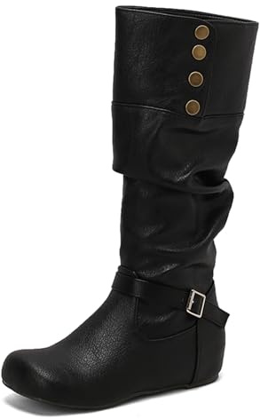 Lizoleor Classico Zeppa Senza Chiusura Punta Rotonda Donna Stivali Alti con Risvolto Bottones Largo Fit Aumento Stivali Morbidi Nero Numero 40 EU/41Cn