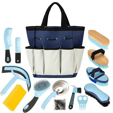 Horse Grooming Kit, 14-in-1 Professional Horse Brush Supplies Set for Grooming & Care, with Horse Brushes, Curry Comb, Hoof Pick & Waterproof Storage Tote Bag for Shining, Detangling, Massaging(Blue)