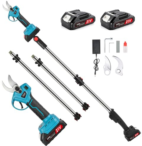 Sécateur Électrique Sans fil 35mm-2.6M Perche Télescopique-Secateur Electrique avec affichage LCD, 2 x 2.0 Ah Batteries, pour Jardinage, Vigne, Arbre Fruitier,Hedge, Arbre