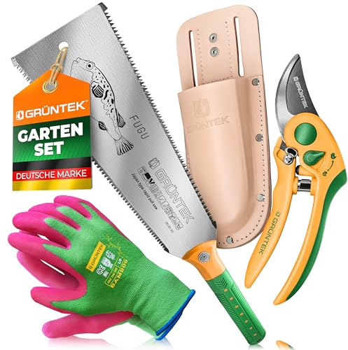 GRÜNTEK 4-teiliges Garten- & Handwerks-Set – Japansäge Ryoba 300 mm, Flamingo Gartenschere mit Holster & Bambus-Handschuhe – ergonomisch, robust & nachhaltig für Holz- & Gartenarbeit