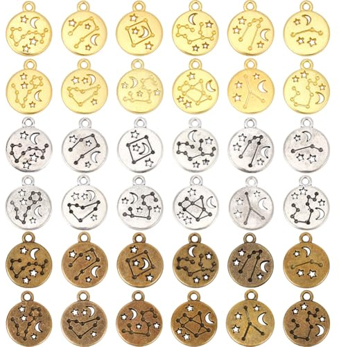SUNNYCLUE 1 Schachtel Mit 72 Stück Metall Sternzeichen Anhängern Rohlinge Für Armbänder Zwölf Sternbilder Farbenfrohe Flache Runde Hohle Gravierte Kleine Anhänger Aus Legierung Für Schmuckherstellung