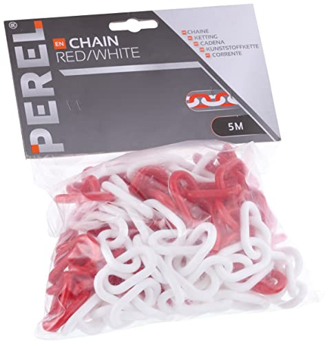 Perel Cadena de barrera roja blanca 5 m, plástico, cadena de seguridad para interior y exterior, cadena de señalización para obra, zona de aparcamiento, almacén, terreno o evento