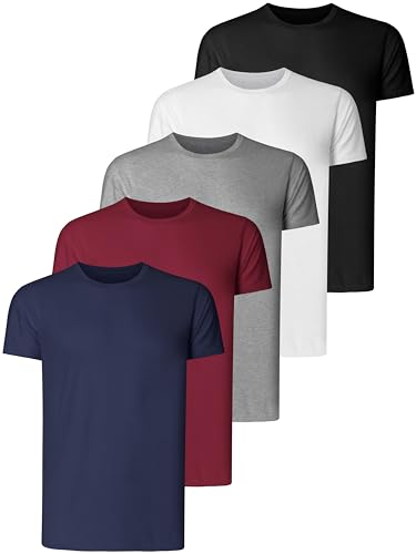 Teesmen Mens Plain T-Shirts 5 Pack Short Sleeve Crew Neck Sport Tees Cotton Workwear Boys Undershirts Gym Running Workout Tshirts, White, Black, Grey, Navy, Red, L