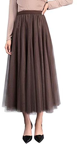 CAMILIFE Noble Tulle Jupe Maxi Jupe Une Ligne Élastique Taille Haute Large Ourlet Cool Princesse Longue Jupe pour Femmes Filles Incontournables de la Saison - Uni Marron foncé
