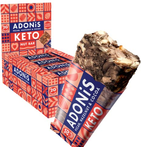 Barras Keto de Adonis de Pacana, Avellana y Cacao (16x35g) | Vegano | Snacks Keto 100% Naturales | Sin Gluten/Sin Azúcar/Aceite de Palma | Bajo en Azúcar, Bajo en Calorías