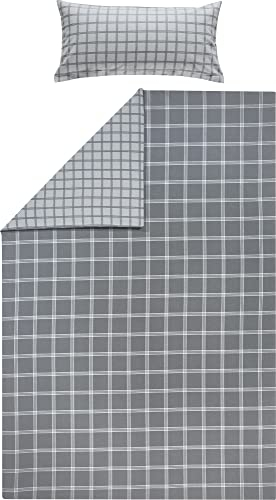 Erwin Müller Flanell Wende-Bettwäsche, Bettgarnitur Karo grau Größe 80x80 cm / 135x200 cm - für kalte Nächte, flauschig weich, temperaturausgleichend, mit Reißverschluss