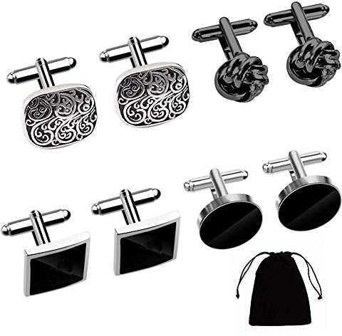 4 Pairs Cufflinks for Men, Stainless Steel Classic Cufflinks Black Round and Square Retro Knot French Striped Shirt Suit Button Cuff Link Kit For Wedding Business Graduation Jewelry Gift