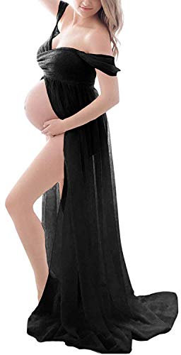 Daysskk Mammaklänning för fotografering, axellös chiffongklänning, blommig klänning för graviditetsfotografering, Svart, S