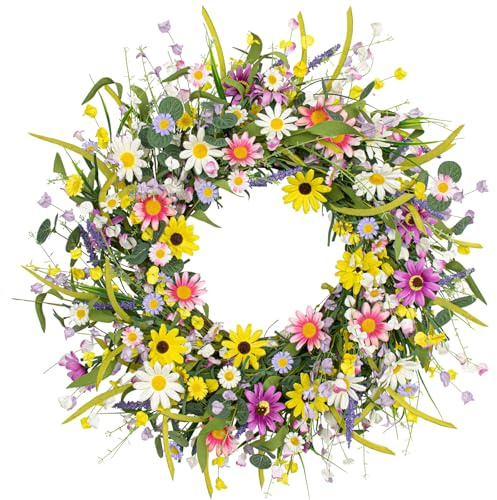 Yawwind 22 Inches Summer Wreaths for Front Door Spring Flower Wreaths Summer Door Wreath Colorful Wildflower Wreath with Daisy Lavender for Window Indoors Outdoor Decor
