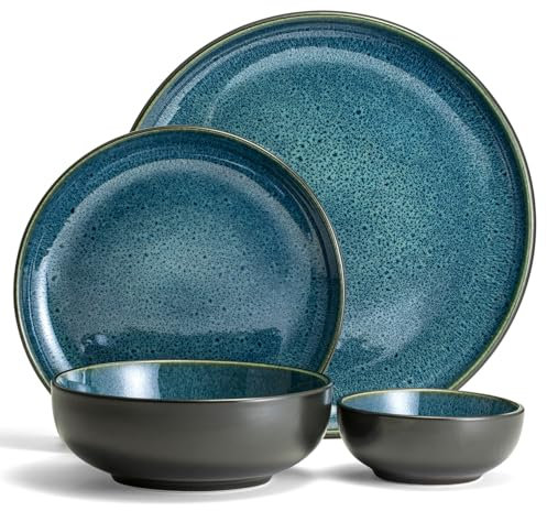 Sango 16-Piece Stoneware Dinnerware Set for 4, Glossy Black/Blue Big Dinner Plates and Bowls Sets with Reactive Glaze, Ceramic Dish Set, Modern Beautiful Dishes, Microwave & Dishwasher Safe, Resona