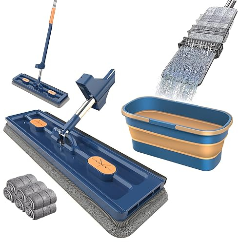Starnearby Lot de Serpillère avec Seau, Grand Balai Plat, avec Fonction Essorage, Articulation Rotative à 360 °, Grande Serpillère Plate avec Seau de Nettoyage (Bleu + 6 tampons + 1 Seau)