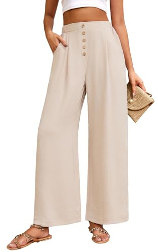 heekpek Womens Wide Leg Trousers Ladies Lightweight Lounge Trousers Button High Waist Summer Palazzo Pants Elasticated Waist Causal Trousers with Pockets, Beige, L