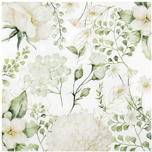 100 White Floral Luncheon Napkins Disposable Blossom Flowers Paper Napkins 6.5 Inch Greenery Leaves Hand Napkin for Wedding Birthday Bridal Shower Party Supplies