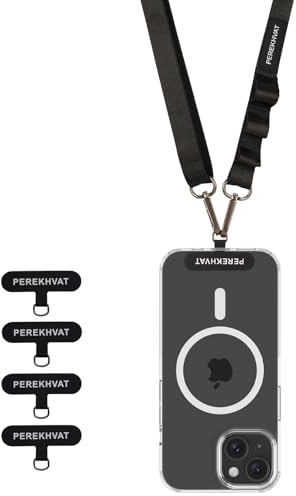 PEREKHVAT Handykette Universal zum Umhängen: Verstellbares Handy Lanyard - Schlüsselband - Umhängeband abnehmbar mit 4 Pads - Schwarz