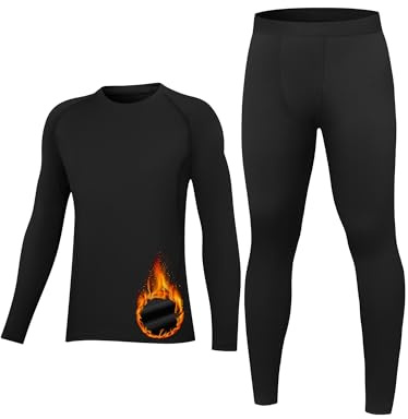 HovSiyla Youth Thermal Base Layer Set Fleece Lined Undershirt Unisex Athletic Shirt Kids Pants for Ski Black XL