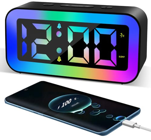 RISVOWO Réveil Matin Numérique Enfant, Couleurs RGB Reveil Numerique avec 2 Modes d'Alarme, 12/24h, Luminosité Réglable, Snooze, Commande Vocale, Aide au Sommeil