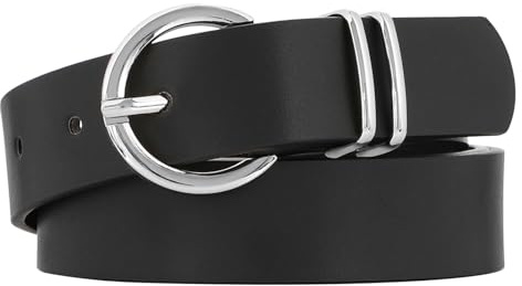 JASGOOD Ceinture Femme en Cuir Réglable avec Boucle Argentée pour Jeans et Robes, Noir, 120cm