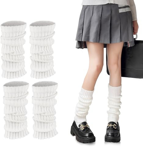 YUWJOOWEE 2Paar Beinwärmer für Damen, Modische Strick-Beinwärmer-Socken im 80er, 90er Jahre-Stil Stulpen für Damen, Stulpen Schwarz Beinwärmer für Partys, Ballett, Tanzen und Sport (Weiß*2)