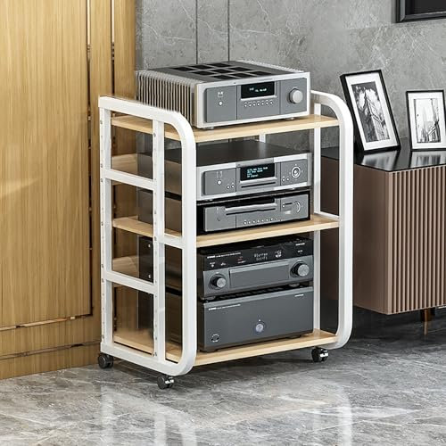 Audio Rack Gaming Hylla DVD Hylla AV Media Stand Hörnhylla med förvaringshyllor och Universal Wheel Record Player Stand för Living Room Gaming Room Music Studio Recording Room.(Wit,50.1x42.5x70cm)
