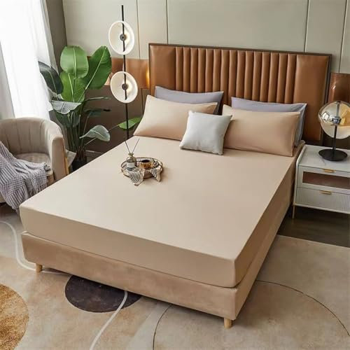 Spannbetttuch 80x200cm Hohe Matratze bis 20cm Hell Khaki Einfarbig, Bettspanntuch Baumwolle Polyester Bettlaken Boxspringbett