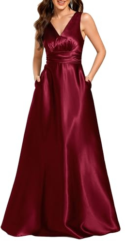 Ever-Pretty Abito Cerimonia Donna Eleganti Lungo Raso Senza Maniche Abito Damigella d'Onore Vestito Elegante Scollo a V Nero 40