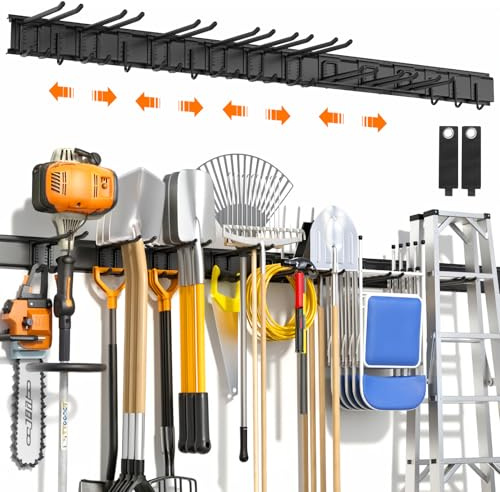 Housolution Juego de Ganchos Deslizables de Pared 162,56 cm, Soporte Colgador de Aleación de Aluminio y Acero con 12 Ganchos y 4 Rieles, Organizador para Guardar Herramientas de Garaje Jardín