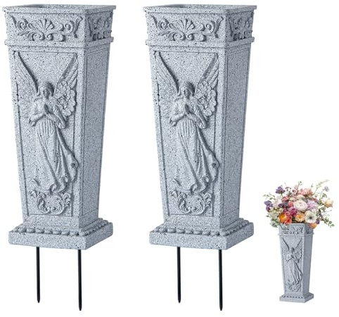 Vase de Tombe avec pic, Vase en résine pour Fleurs de cimetière pour Pierre tombale, Tombe, cimetière, Jardin, pelouse, décorations de Cour (2pièce, Gris)