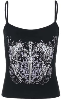 PengGengA Gothic Sword & Wings Print Punk Subtil Axelbandslinne Y2K Vintage Crop Tops Damlinne och Toppar, Svart, L