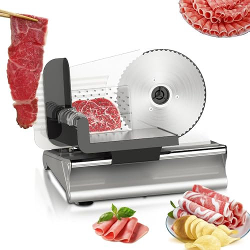 MObyat Affettatrice Professionale per Carne, Affettatrice Elettrica Multifunzione da 200 W, con Lama in Acciaio Inox da 7,5, Regolazione della Spaziatura Lame da 0 a 15 Mm, Corpo in Acciaio Inox